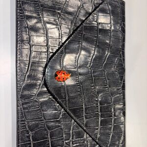 Black Leather Crocodile-Embossed Clutch Wallet with Ladybug Accent